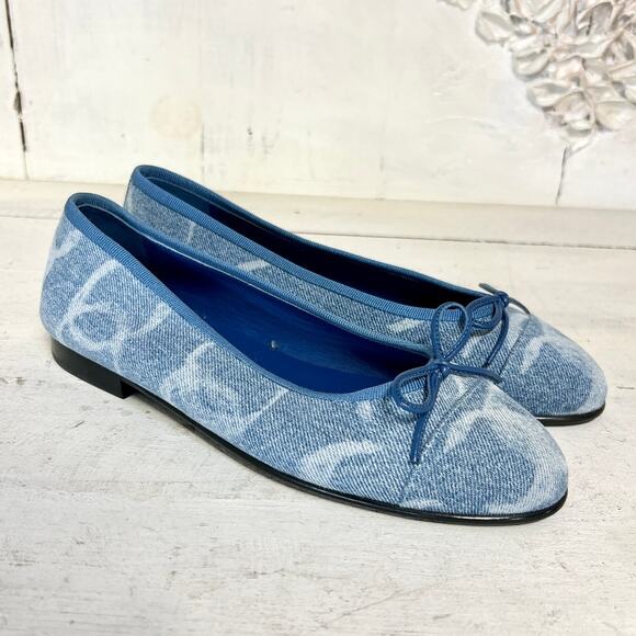 NEW Chanel Denim Printed CC Cap Toe Ballerina Flats Shoes Light Blue Women's 36 - Picture 3 of 10
